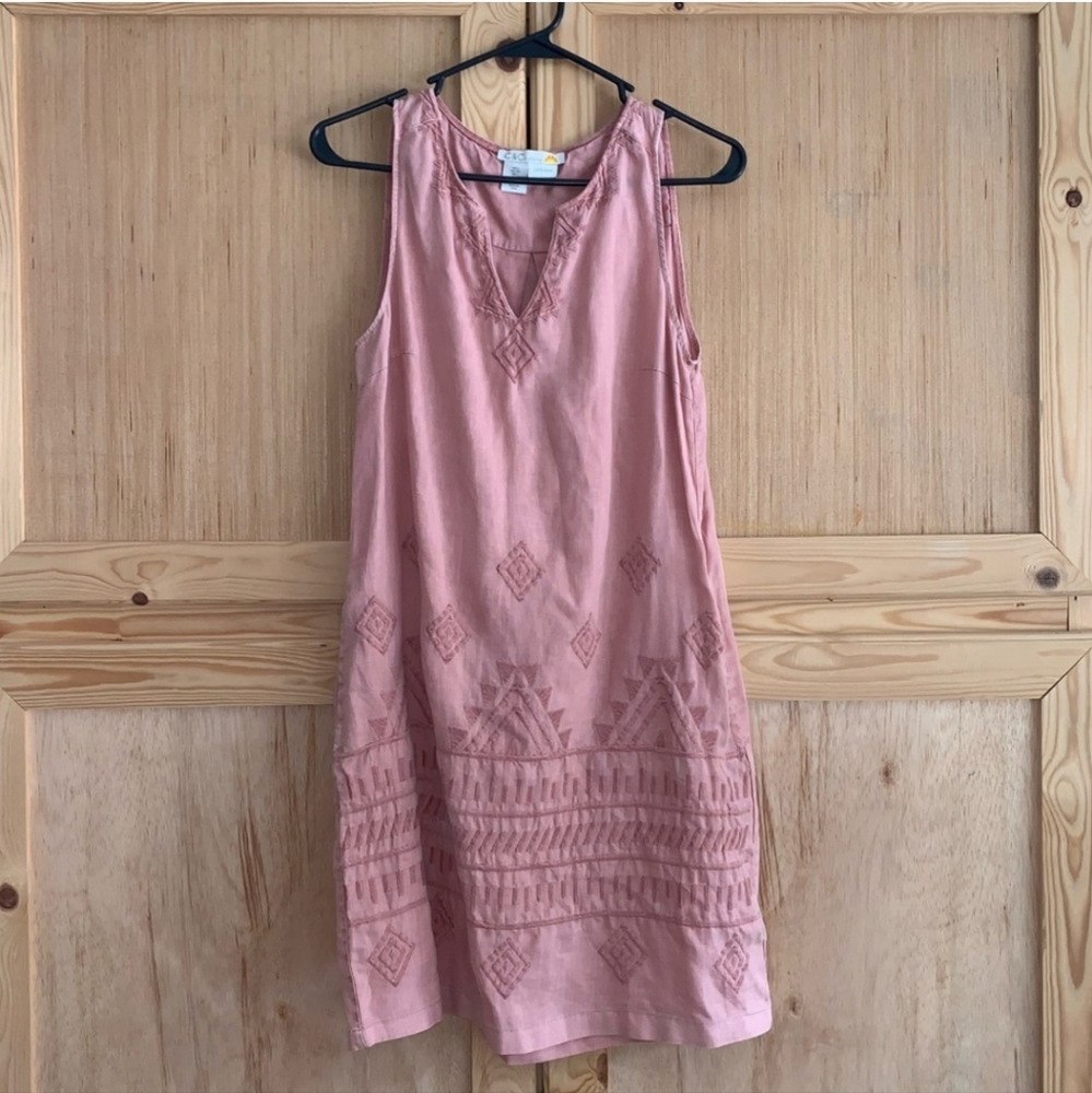 C&C Embroidered Peach Pink Linen Dress Size Small